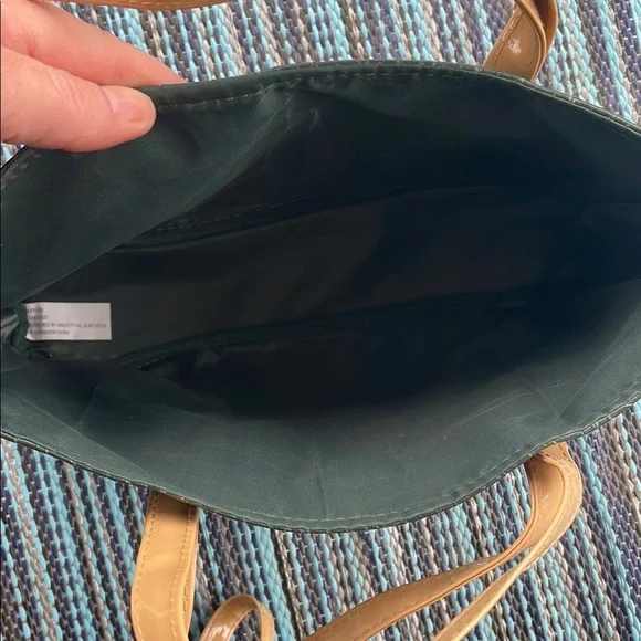 Green and Tan Structured Tote Bag with Leather Trim - Picture 4 of 4